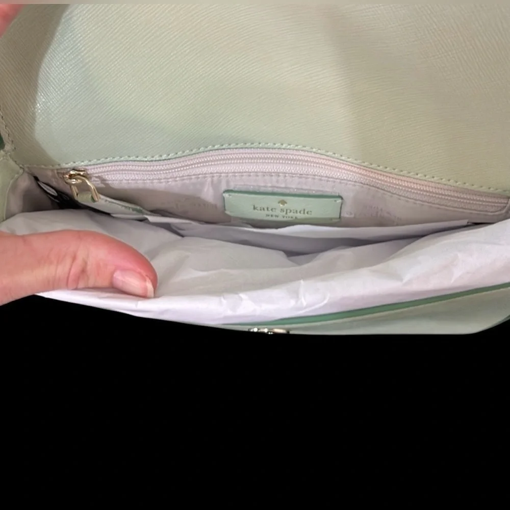 Kate Spade Sadie Envelope Saffiano Leather Light Olive Crossbody purse NWT - Picture 13 of 16